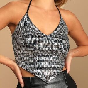 Lulus New York Nights Black Sequin Halter Handkerchief Top - Size M